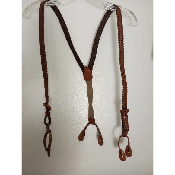 Adjustable Braided Button Suspenders Full Grain Cowhide Leather Brown Classic - Picture 2 of 8